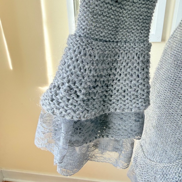 Y2K Coquette Grey Knit Lace Cardigan – Balletcore Fairy Grunge Tie Front - Picture 9 of 12